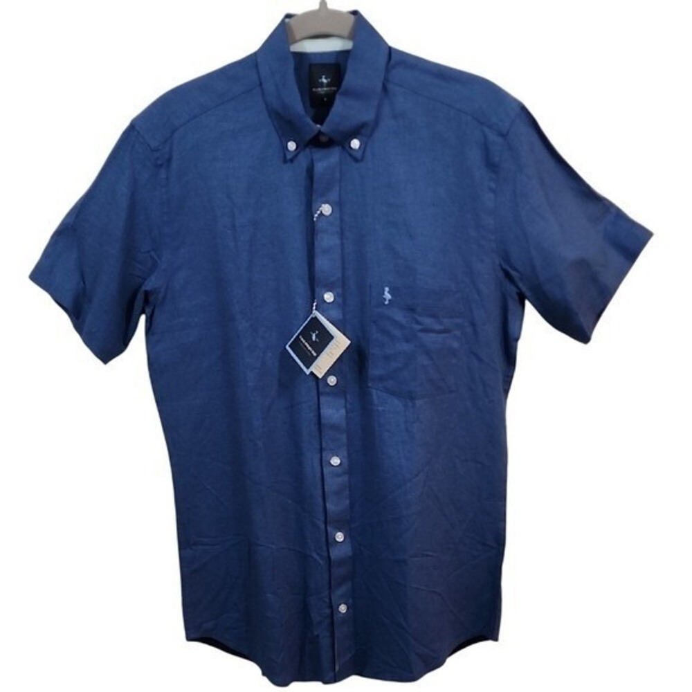 NWT Tailorbyrd Men's Linen Blend Button Down Shirt‎ Short Sleeve Casual Blue S